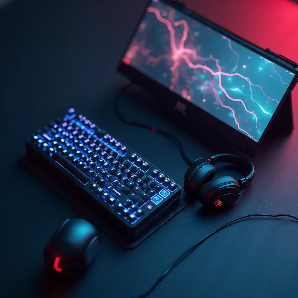 RGB gaming keyboard, mouse, headset, and monitor on desk, Byte Style retro setup