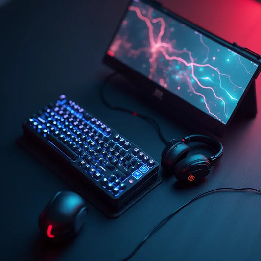 RGB gaming keyboard, mouse, headset, and monitor on desk, Byte Style retro setup
