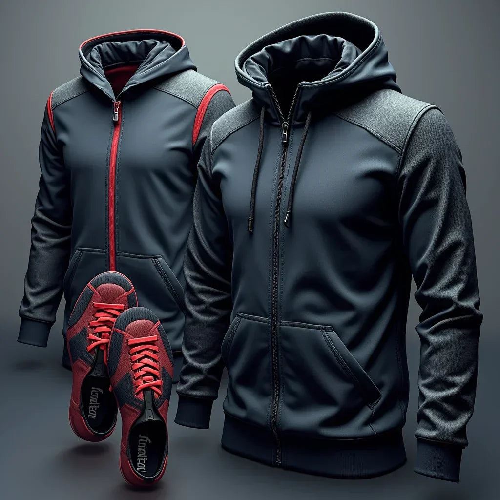 Dark gaming hoodies with red accents and matching sneakers, Byte Style apparel collection.