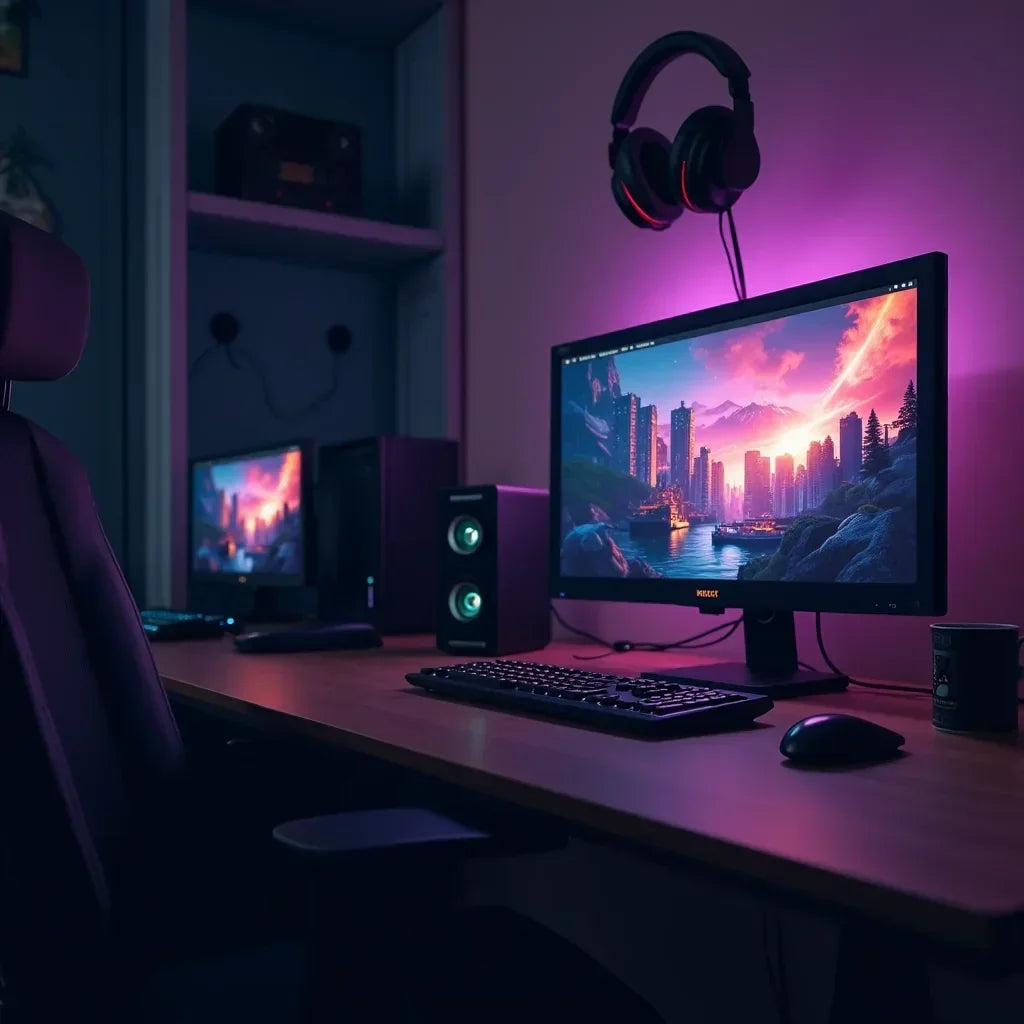 RGB-lit modern gaming setup with 8-bit cityscape on monitor, keyboard, mouse, gaming chair, and headset