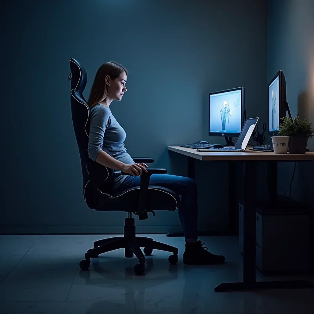 Woman in ergonomic gaming chair at modern desk with dual monitors, Byte Style gaming setup