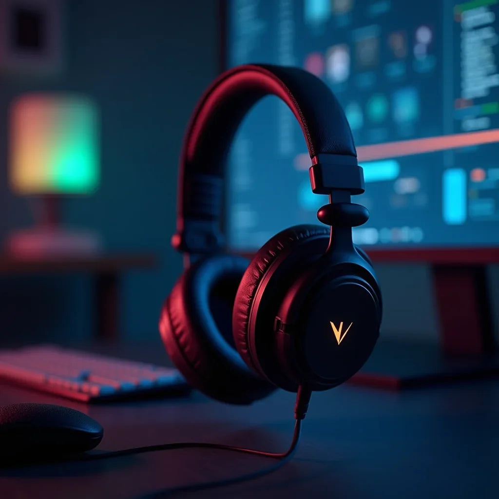 Wired gaming headset on desk with RGB keyboard and PC monitor, modern gamer setup