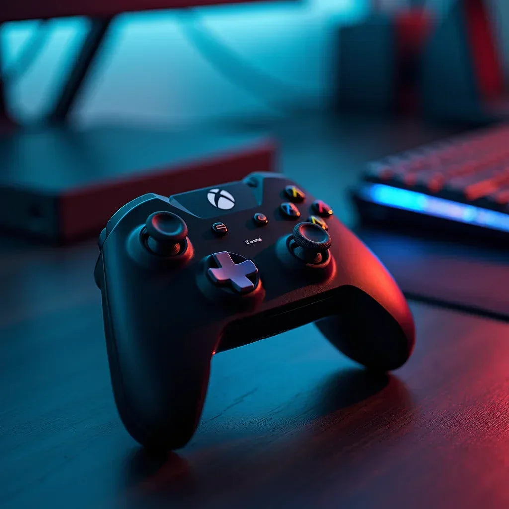RGB-lit gaming setup with Xbox controller, keyboard, and modern gaming gear on desk