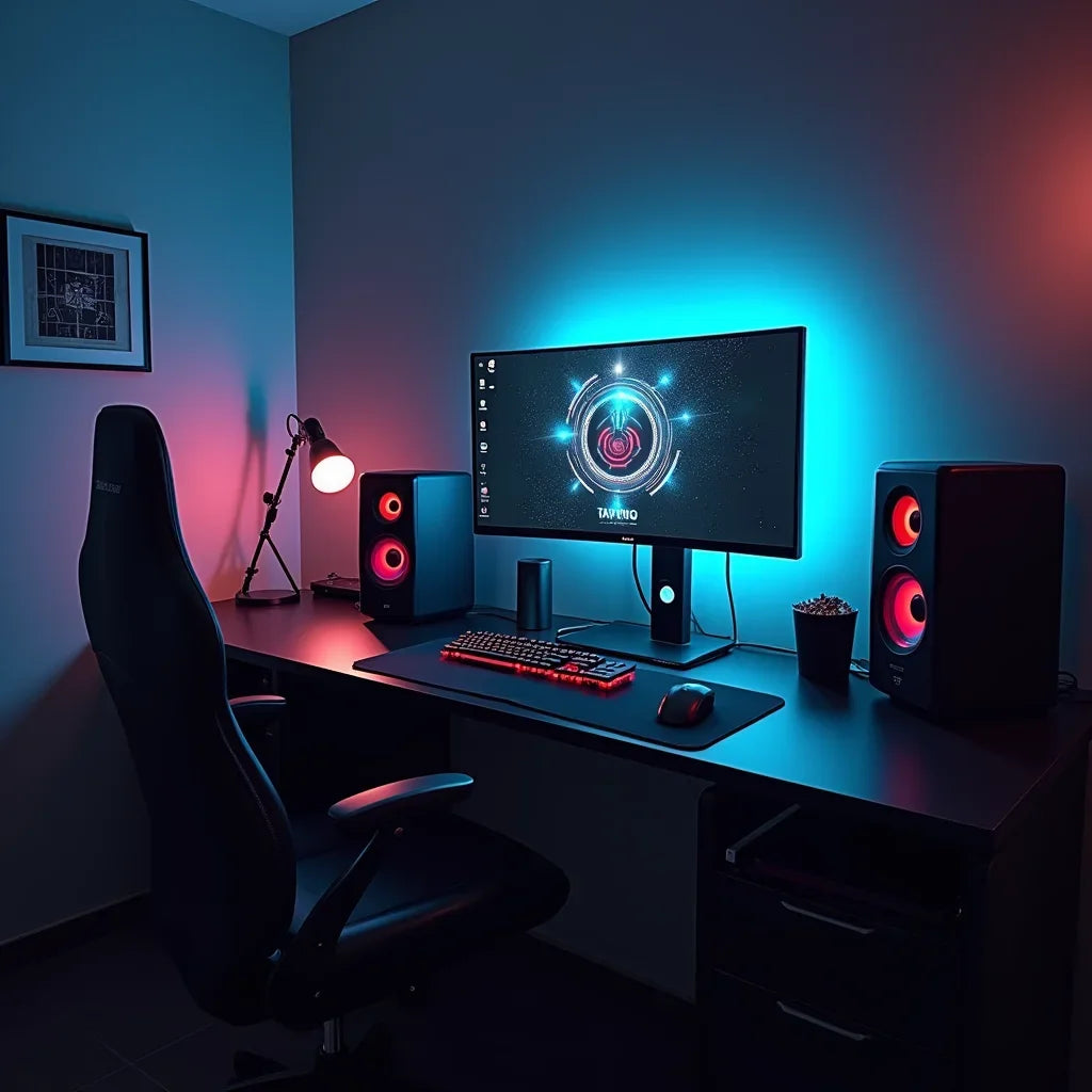 RGB-lit modern gaming setup with curved monitor, gaming chair, speakers, and desk accessories.