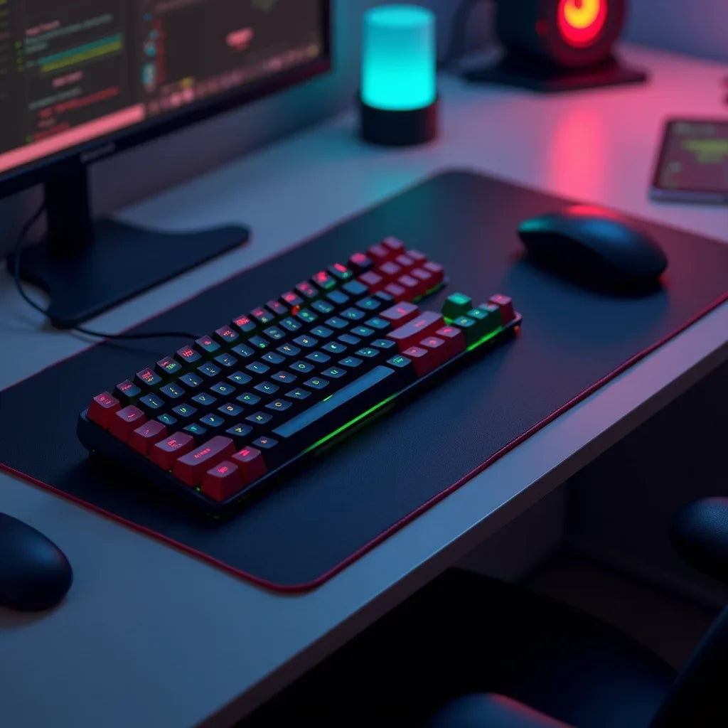 RGB gaming keyboard and mouse on modern desk with neon lighting, Byte Style gaming gear