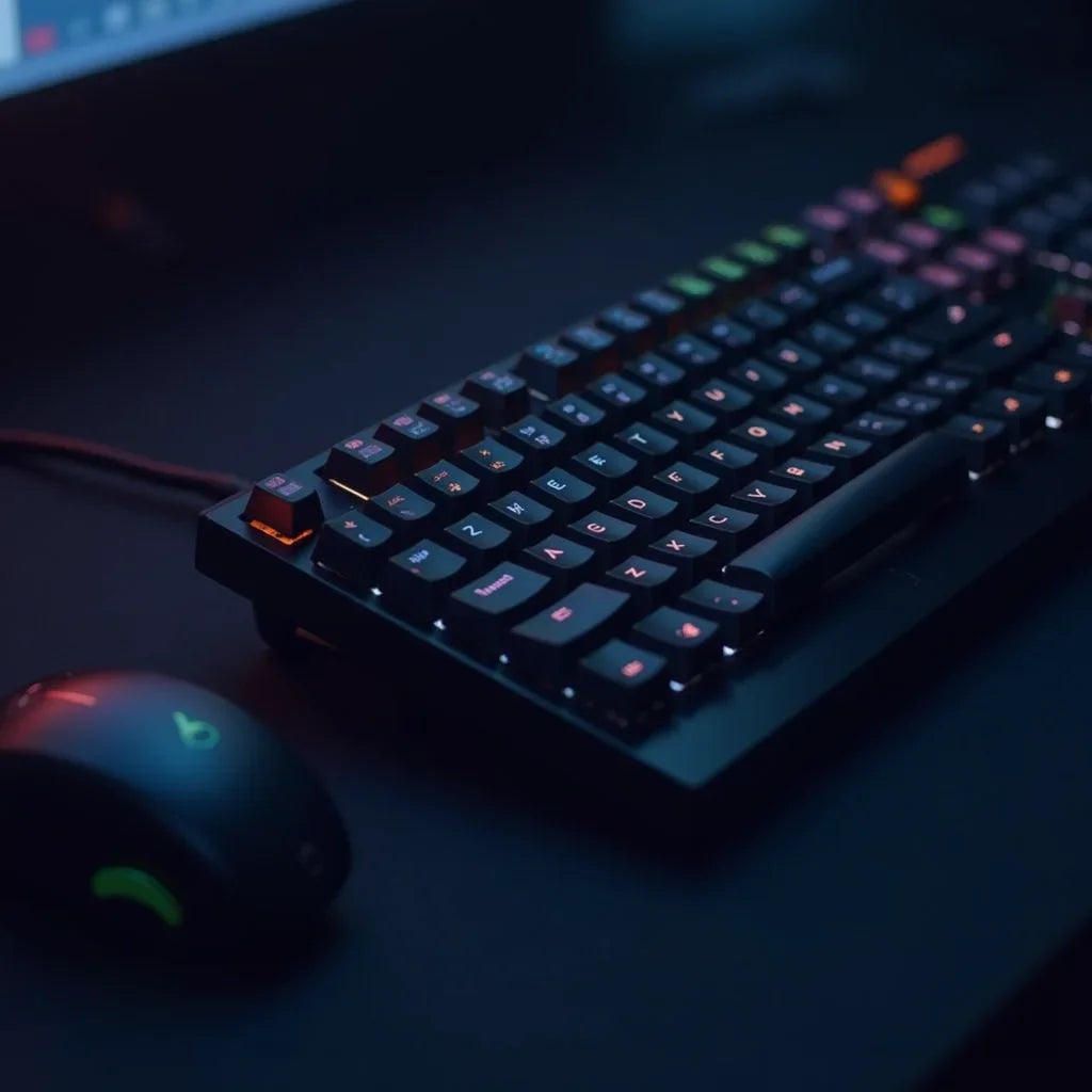 RGB gaming keyboard and mouse on dark desk, retro 8-bit style, Byte Style gaming gear