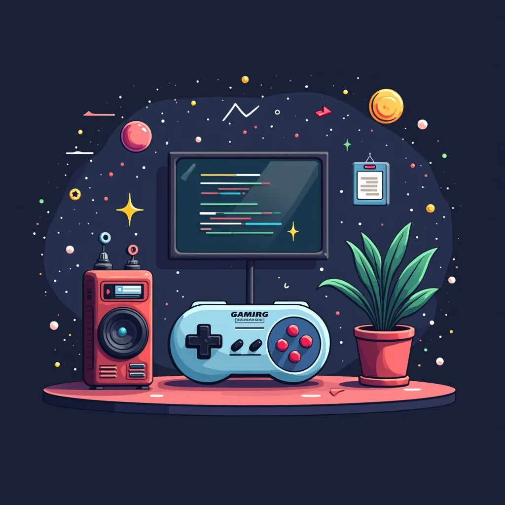 Retro gaming setup with 8-bit controller, monitor, speaker, and plant on desk