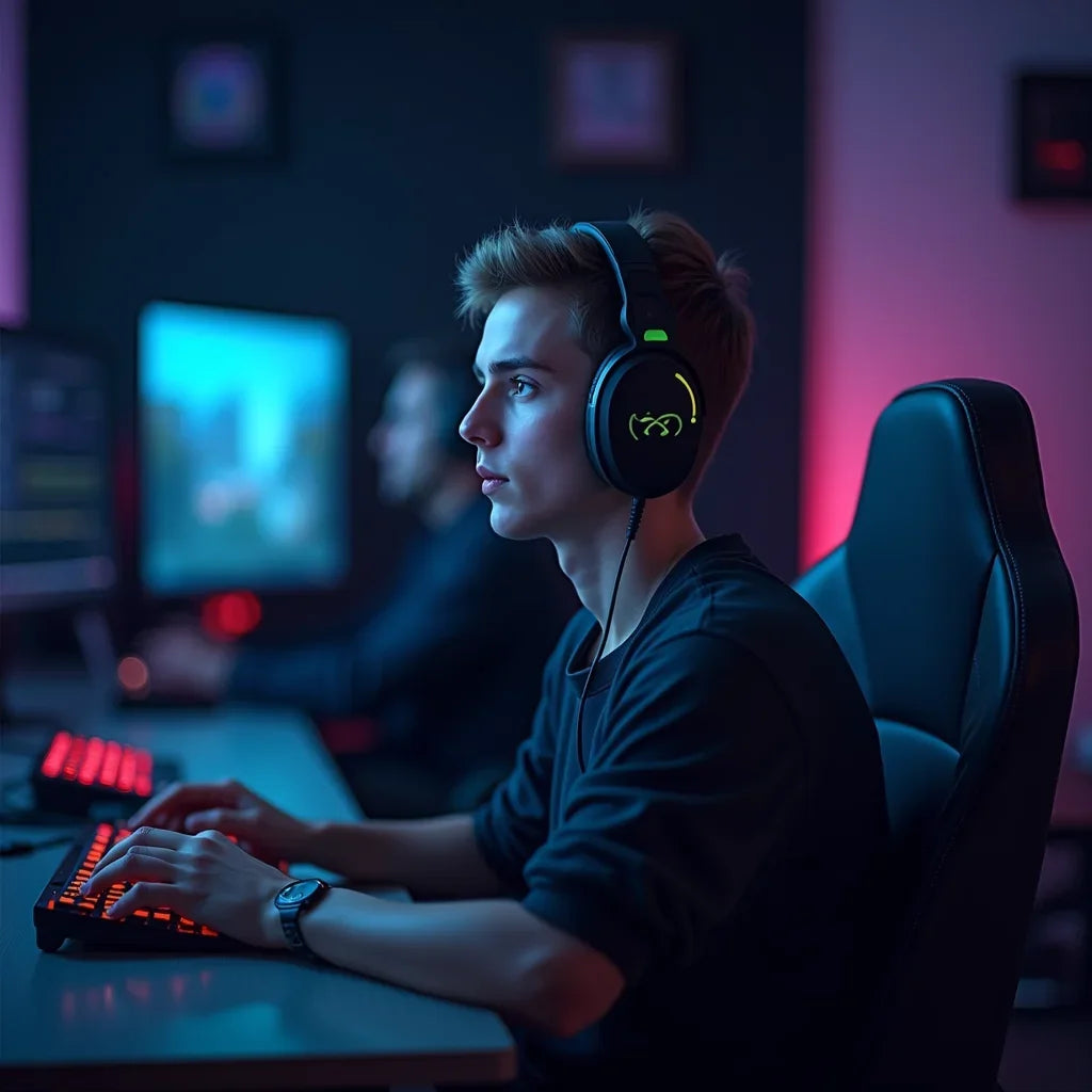 Gamer wearing RGB headset at desk with illuminated keyboard and dual monitors, Byte Style gaming setup