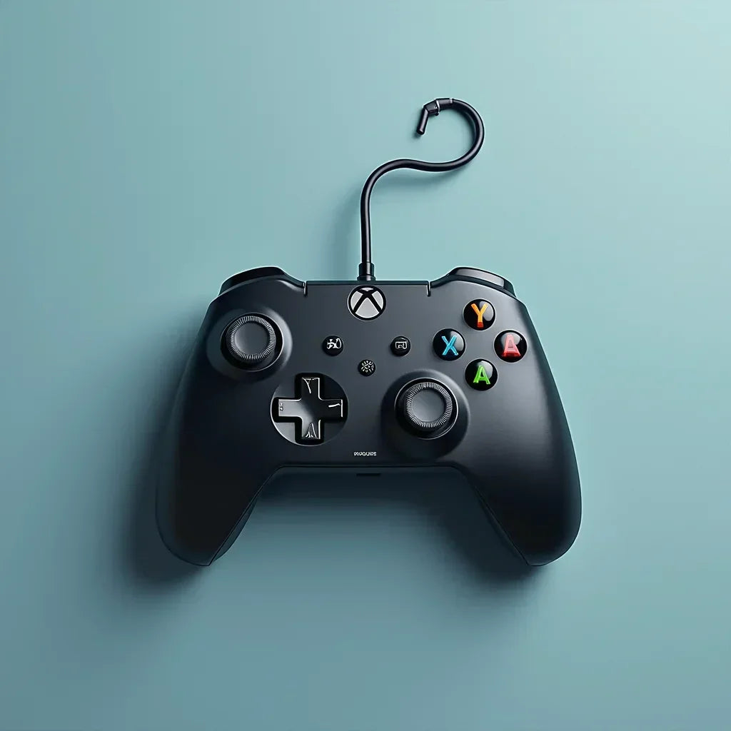 Black Xbox gaming controller with a hanger hook on blue background, Byte Style tech gear
