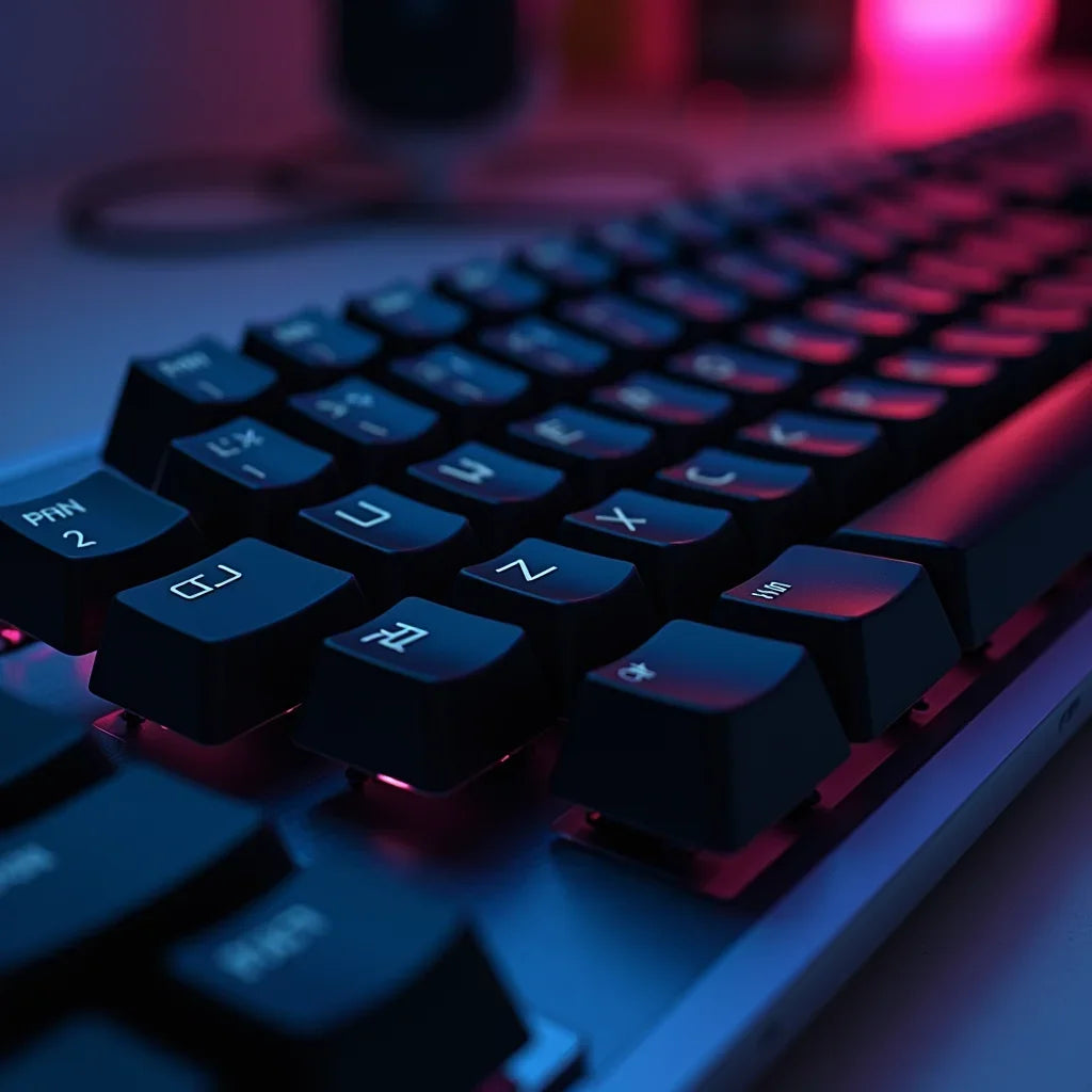 Close-up RGB gaming keyboard with retro 8-bit style keys and pink blue lighting, Byte Style