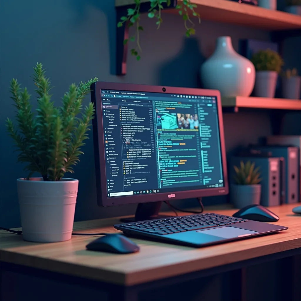 Modern gaming desk setup with keyboard, mouse, monitor, and potted plants, Byte Style