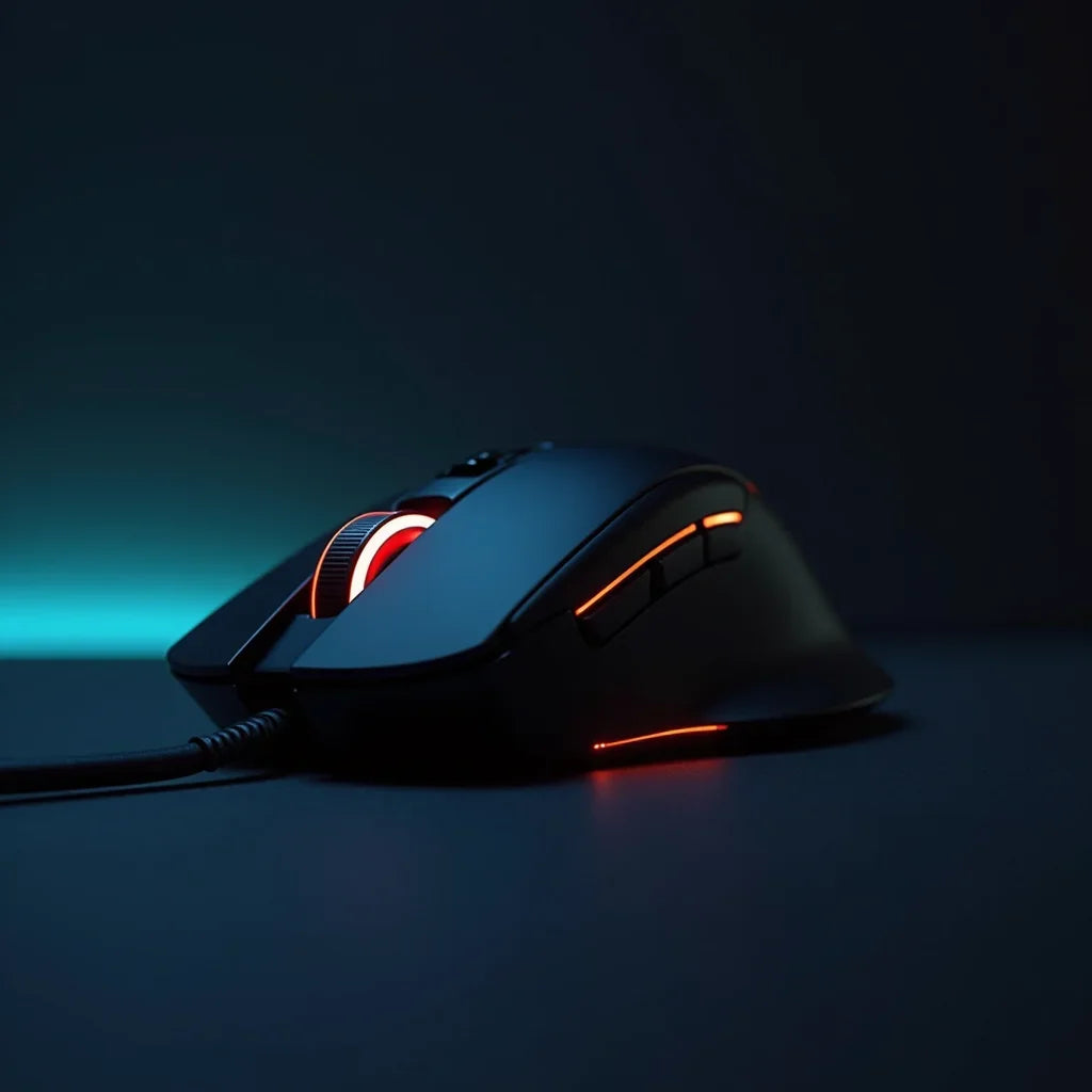 RGB gaming mouse with orange LED lighting on dark desk, Byte Style modern gaming gear