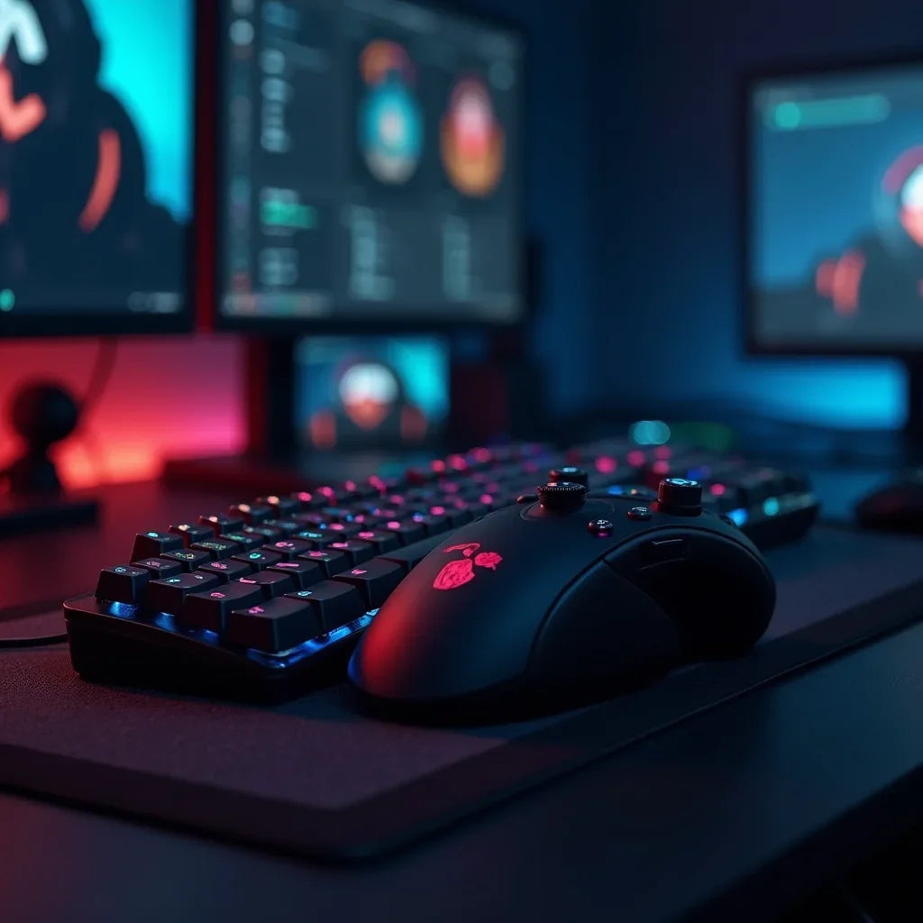RGB gaming keyboard and mouse on desk with dual monitors in retro gaming setup