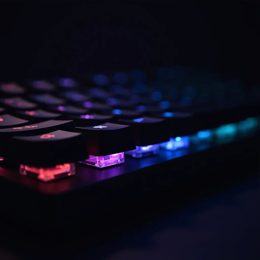 Close-up of a mechanical gaming keyboard with RGB backlit keys, modern 8-bit style