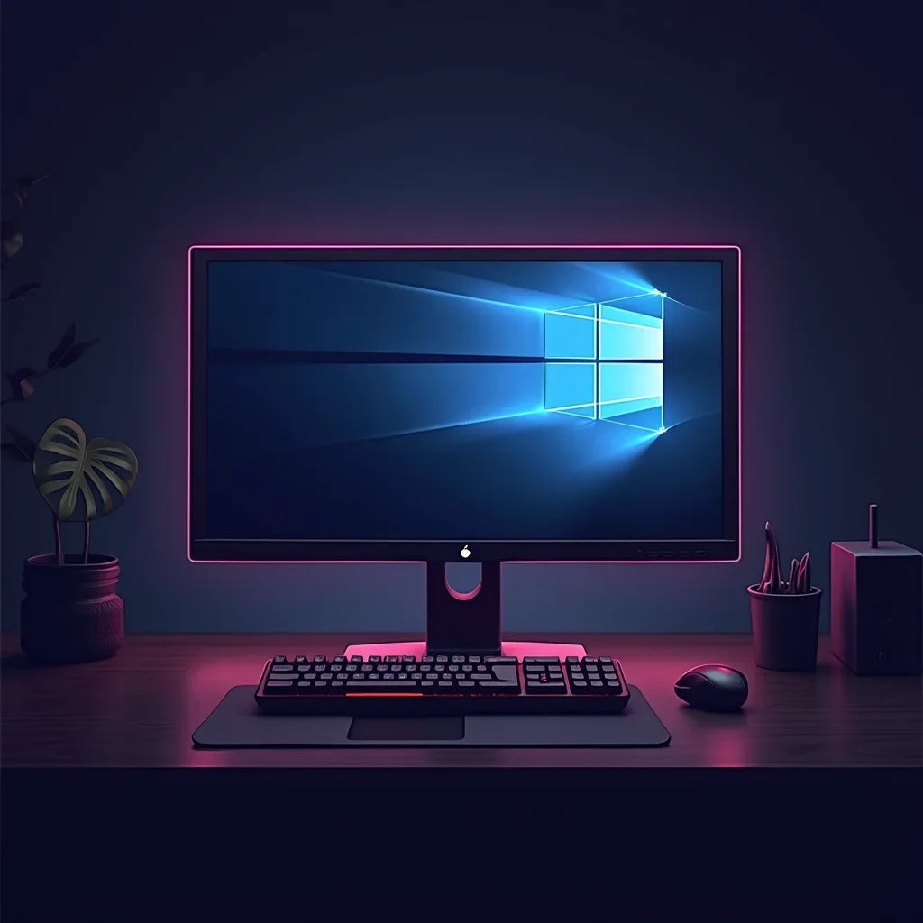 Modern RGB-lit gaming setup with monitor, keyboard, and mouse on wooden desk