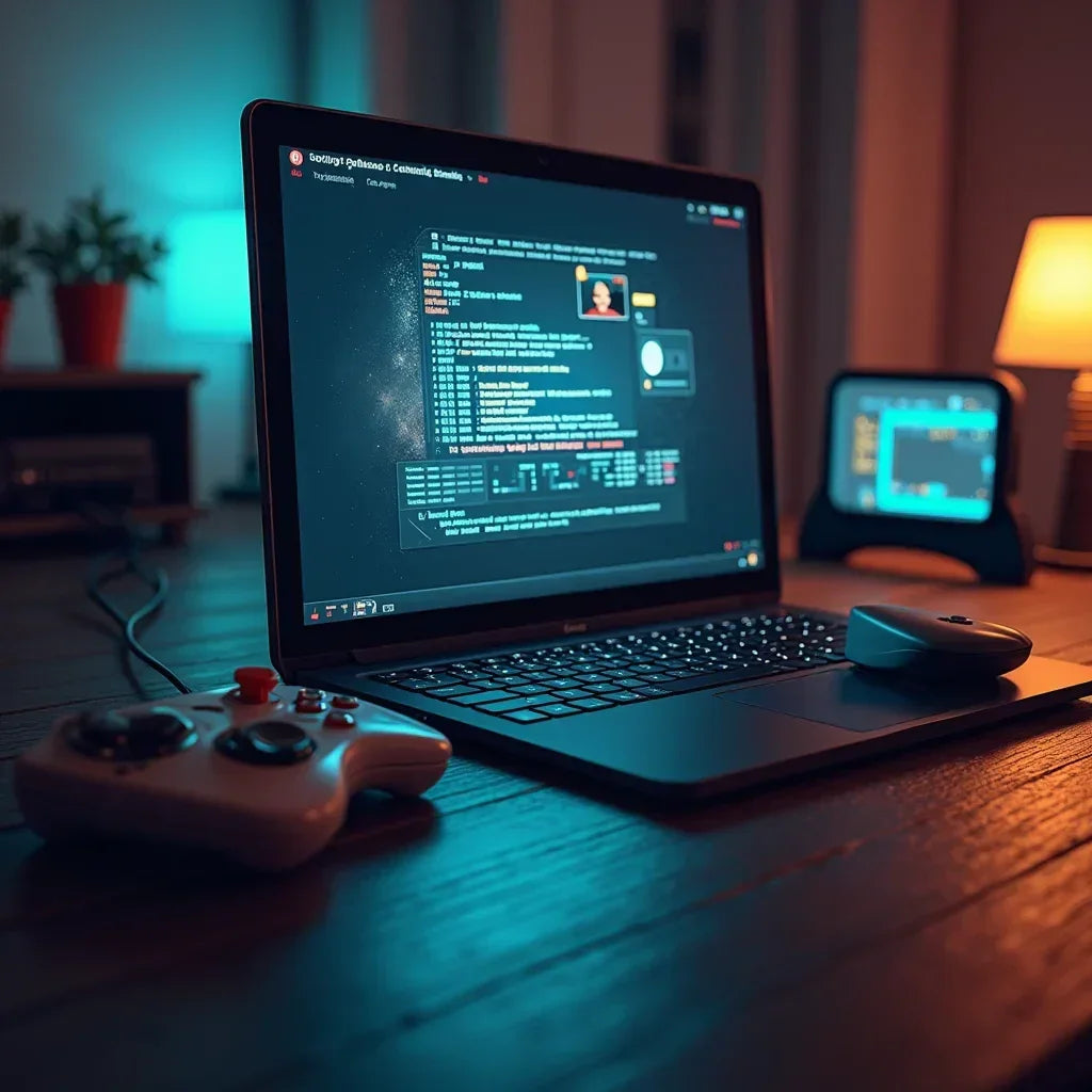 Modern gaming setup with laptop, game controller, and RGB-lit accessories on a desk.