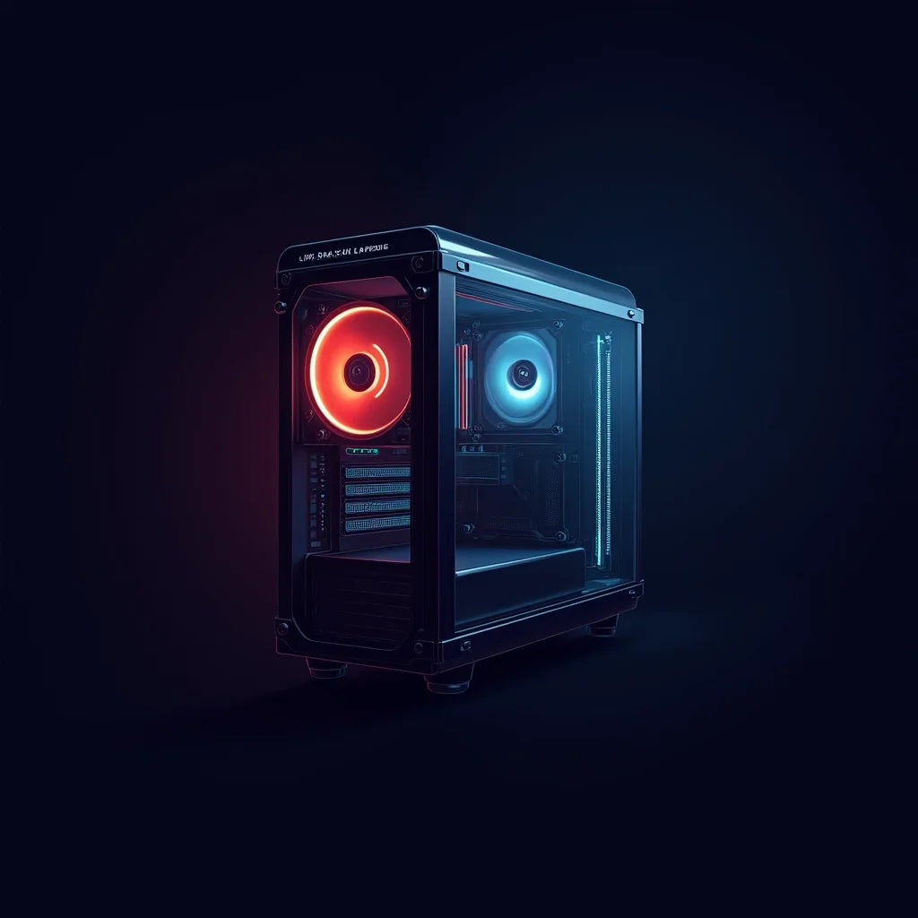 RGB gaming PC with red and blue LED fans in a glass case, Byte Style modern setup