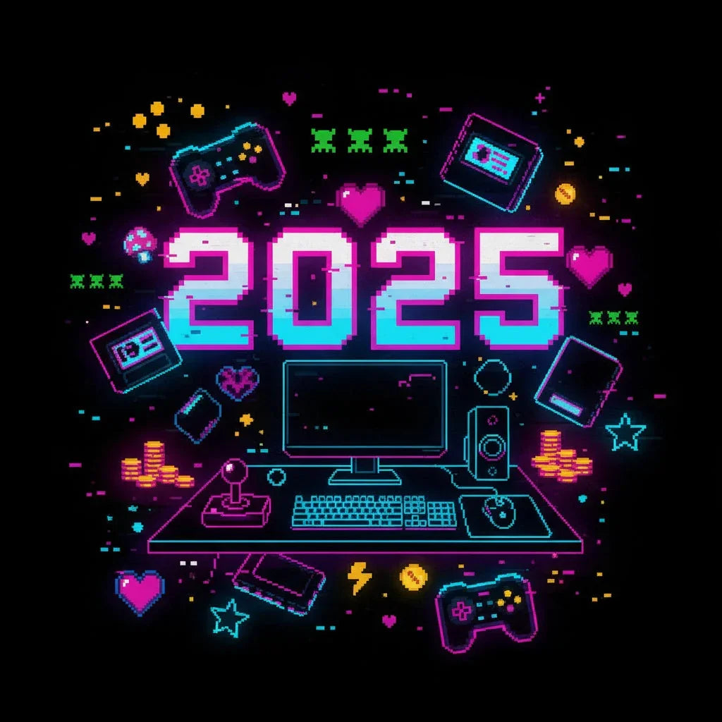 Pixel art 2025 gaming setup with computer, controllers, coins and retro tech icons