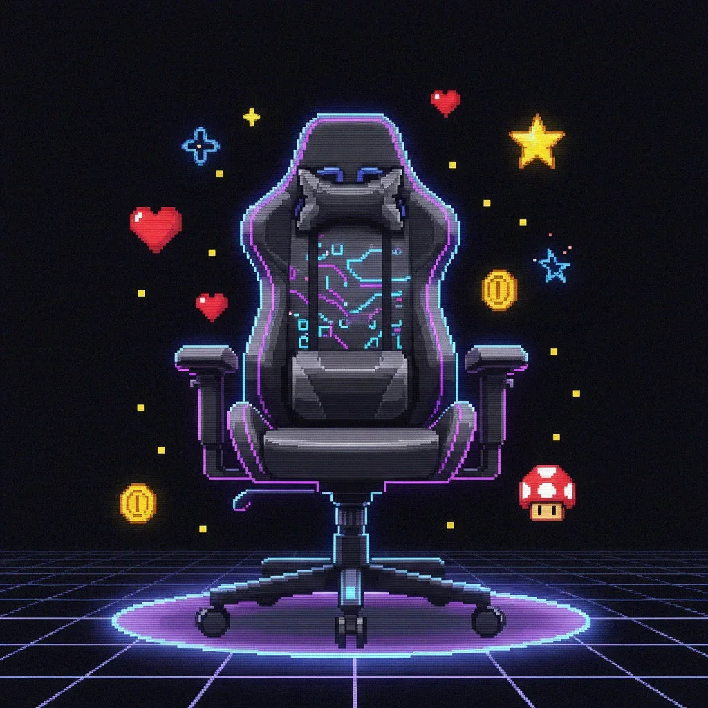 Pixel art gaming chair with neon lights, surrounded by hearts, coins, star, and mushroom
