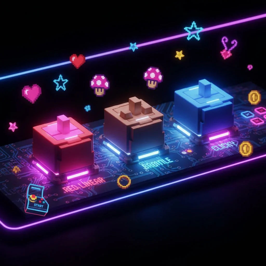 Retro gaming themed mechanical keyboard switches on circuit board with neon and pixel art icons