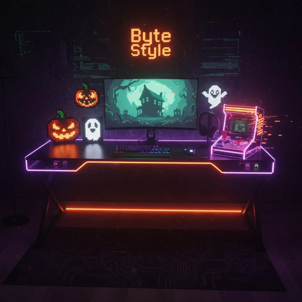 Pixel art Halloween gaming setup with neon lights, arcade machine, pumpkins, and Byte Style sign.