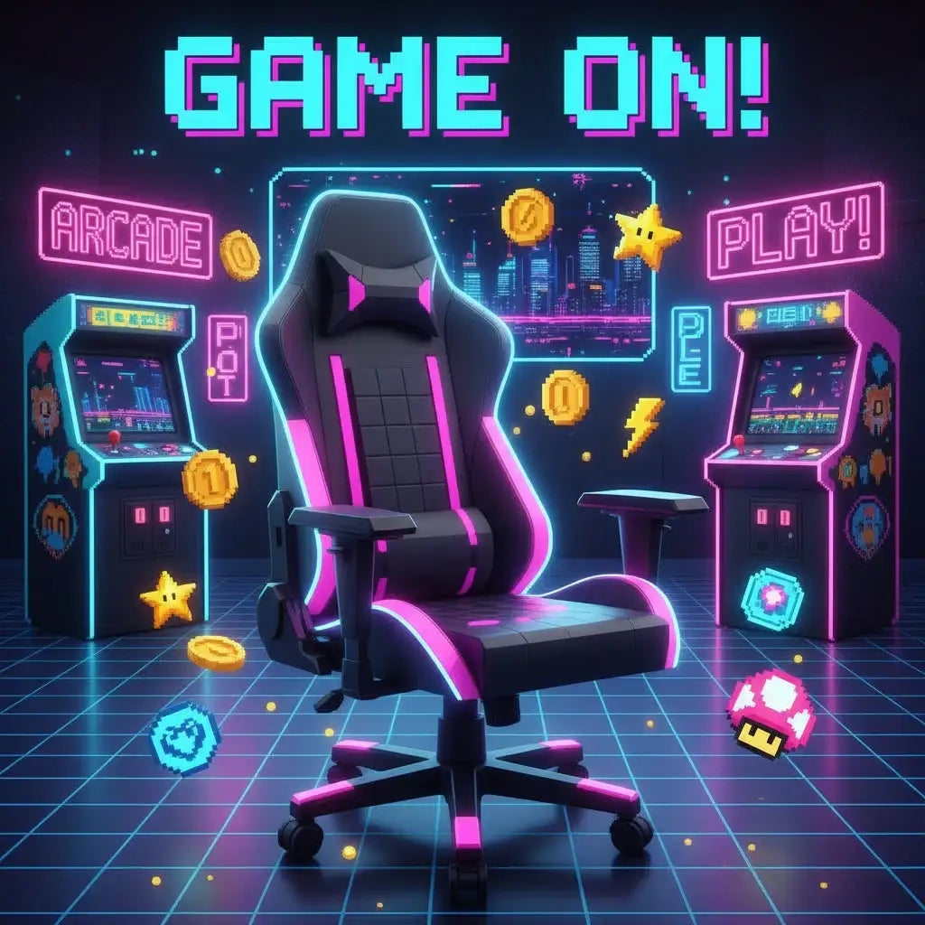 RGB gaming chair in neon-lit retro arcade with pixel art, arcade machines, coins, and GAME ON text