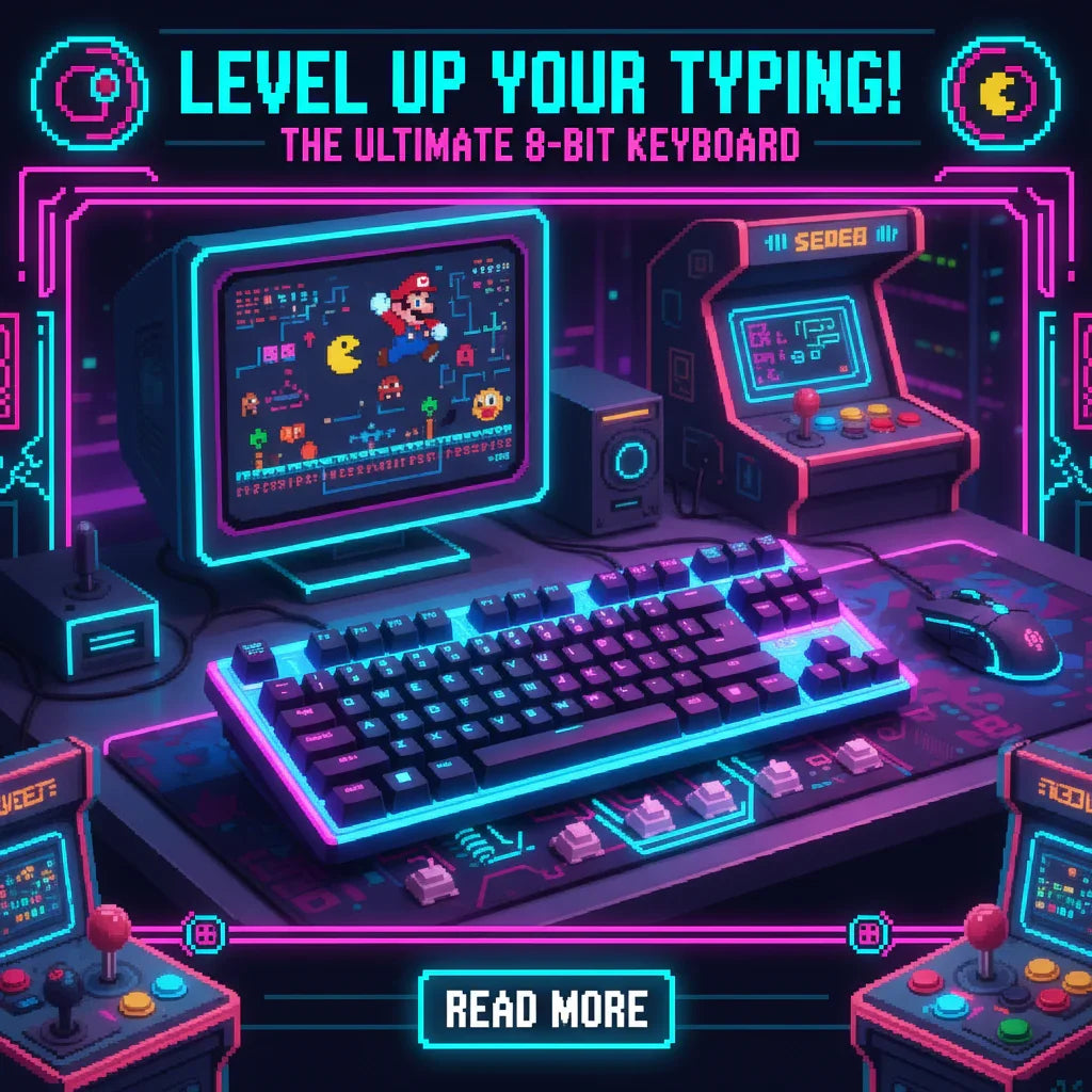 Retro gaming setup with neon-lit mechanical keyboard, arcade machines, and pixel art monitor
