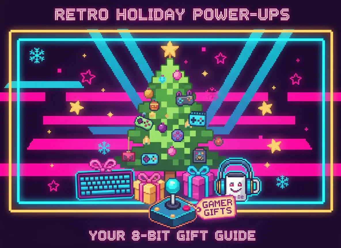 Pixel art Christmas tree decorated with retro gaming controllers and gifts including keyboard, joystick, and headset