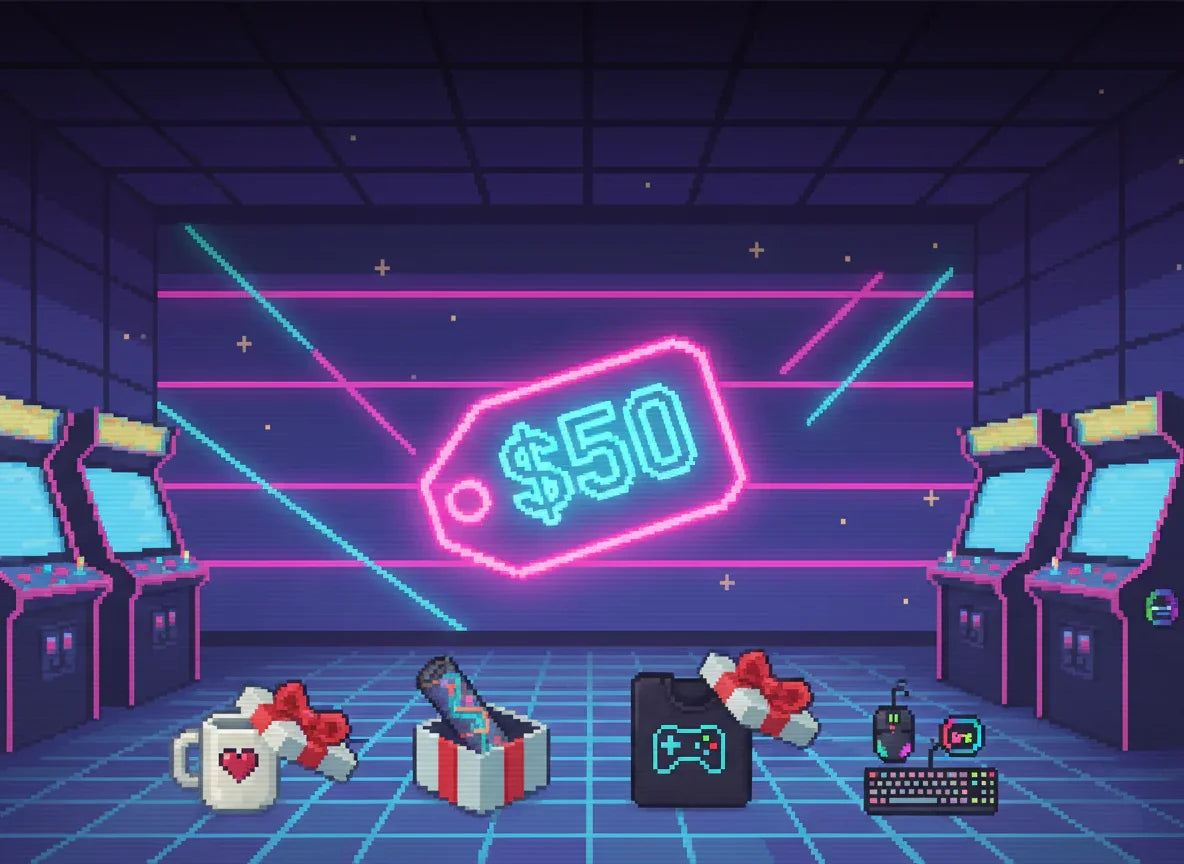 Pixel art arcade room with $50 neon tag, gaming consoles, energy drink, keyboard, and gift boxes