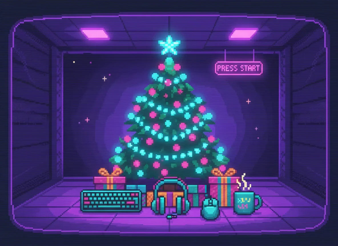 Pixel art Christmas tree with blue and pink lights, gaming keyboard, headset, mouse, and mug on purple floor