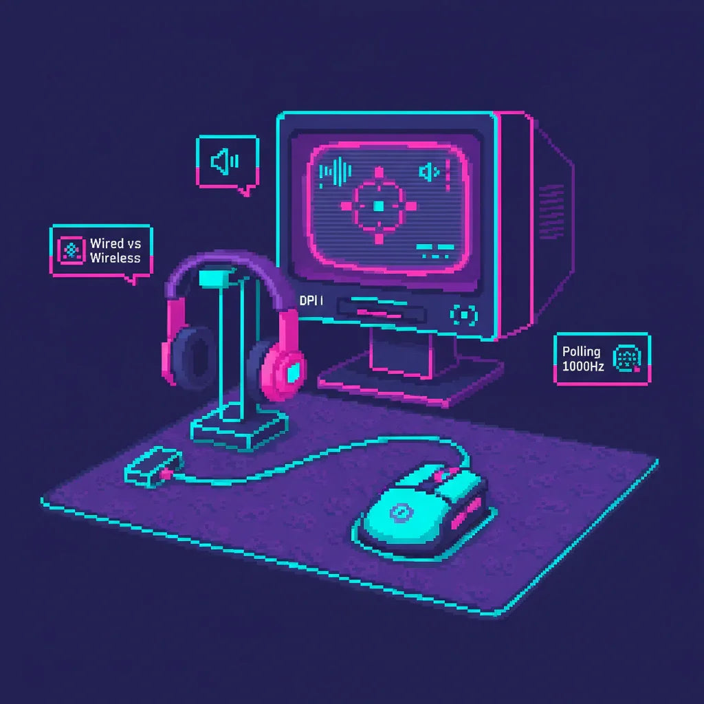 Retro 8-bit gaming setup with RGB mouse, headset, and CRT monitor, Byte Style themed