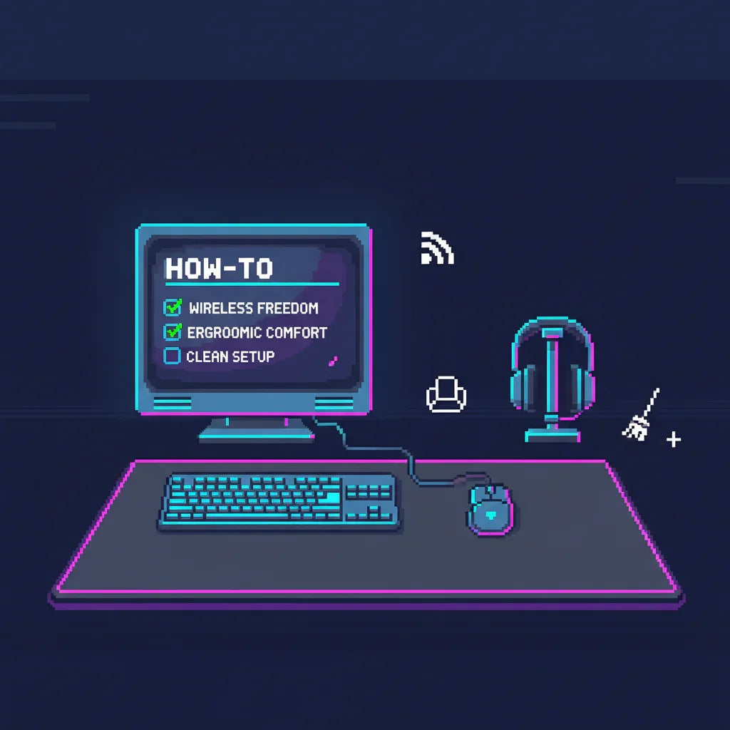 Pixel art retro gaming setup with RGB keyboard, mouse, headset, and how-to checklist on screen.