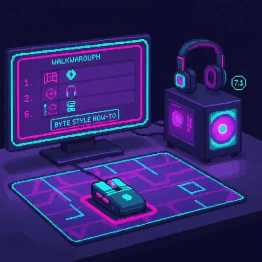 Pixel art 8-bit gaming setup with RGB keyboard, mouse, headset, and monitor, Byte Style theme.