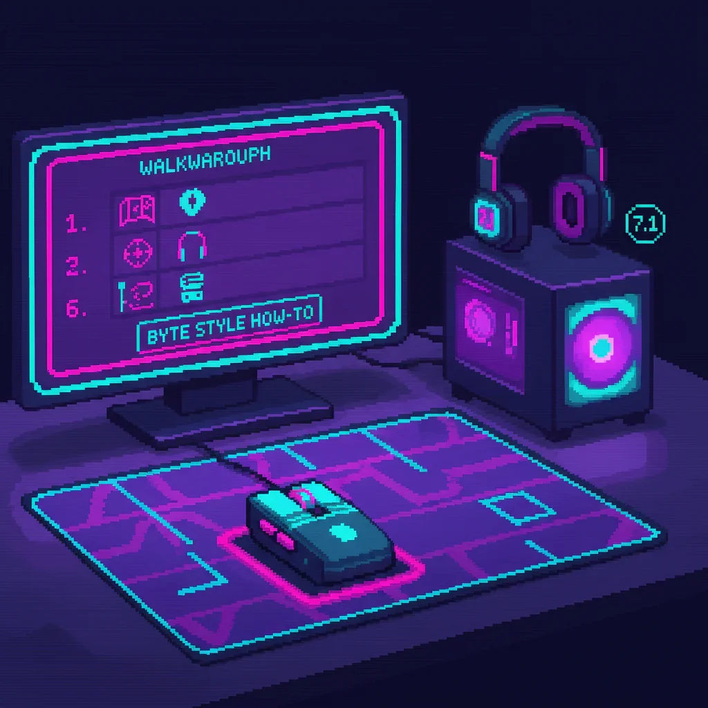 Pixel art 8-bit gaming setup with RGB keyboard, mouse, headset, and monitor, Byte Style theme.