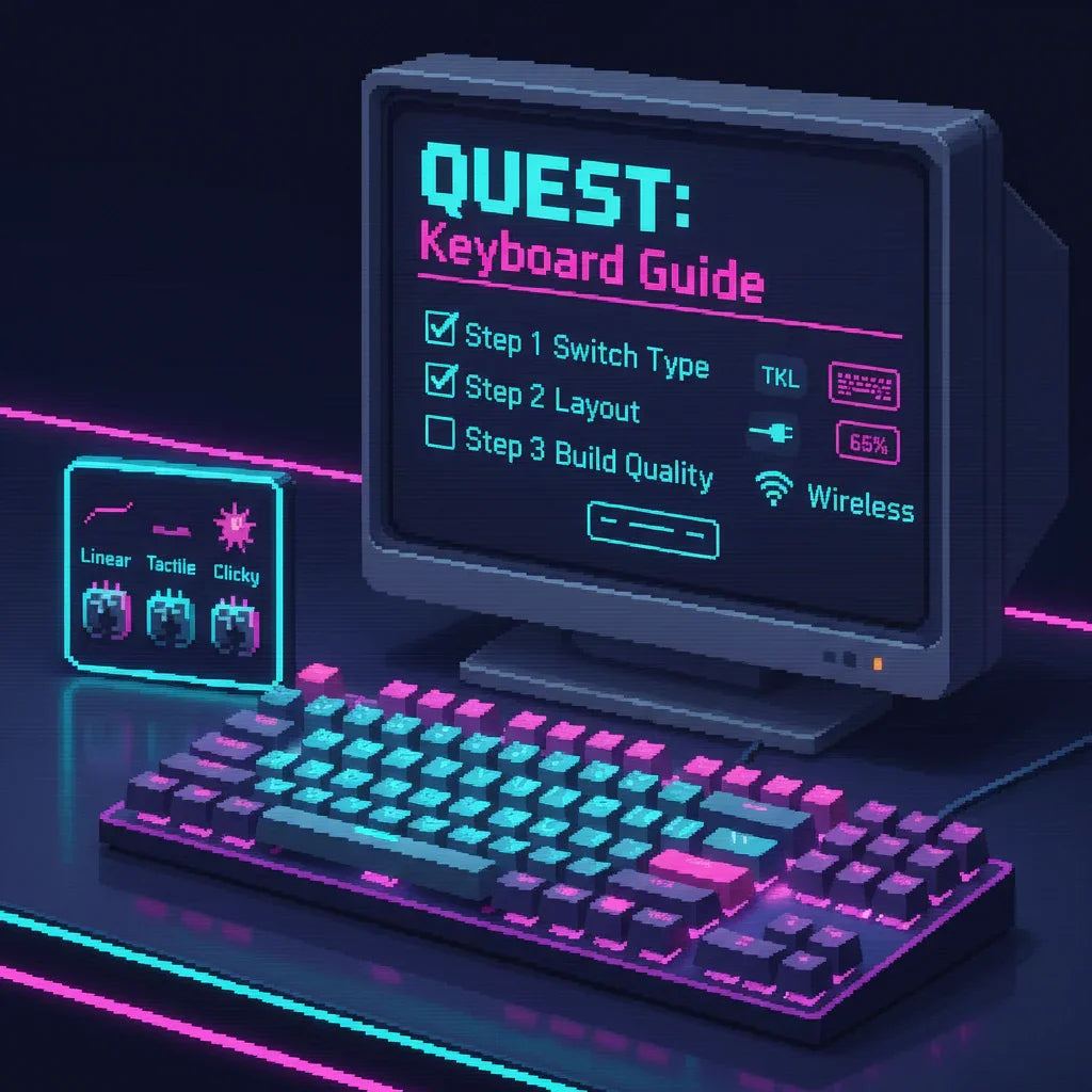 Retro 8-bit gaming keyboard and RGB setup with keyboard guide on vintage monitor, Byte Style theme