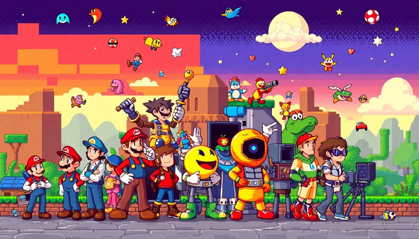 Colorful pixel art of classic video game characters in a retro cityscape at sunset