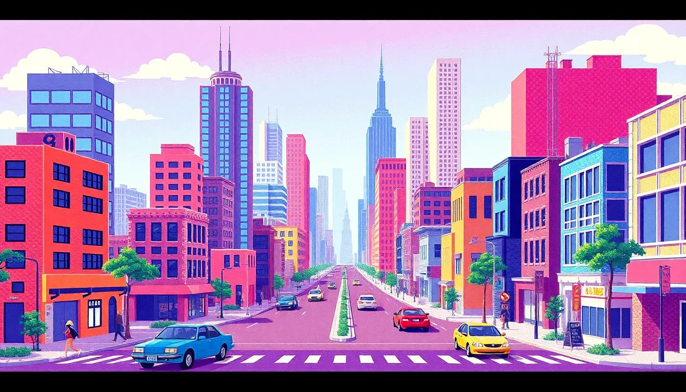 Colorful city street with modern buildings, cars, and pedestrians under a pink sky