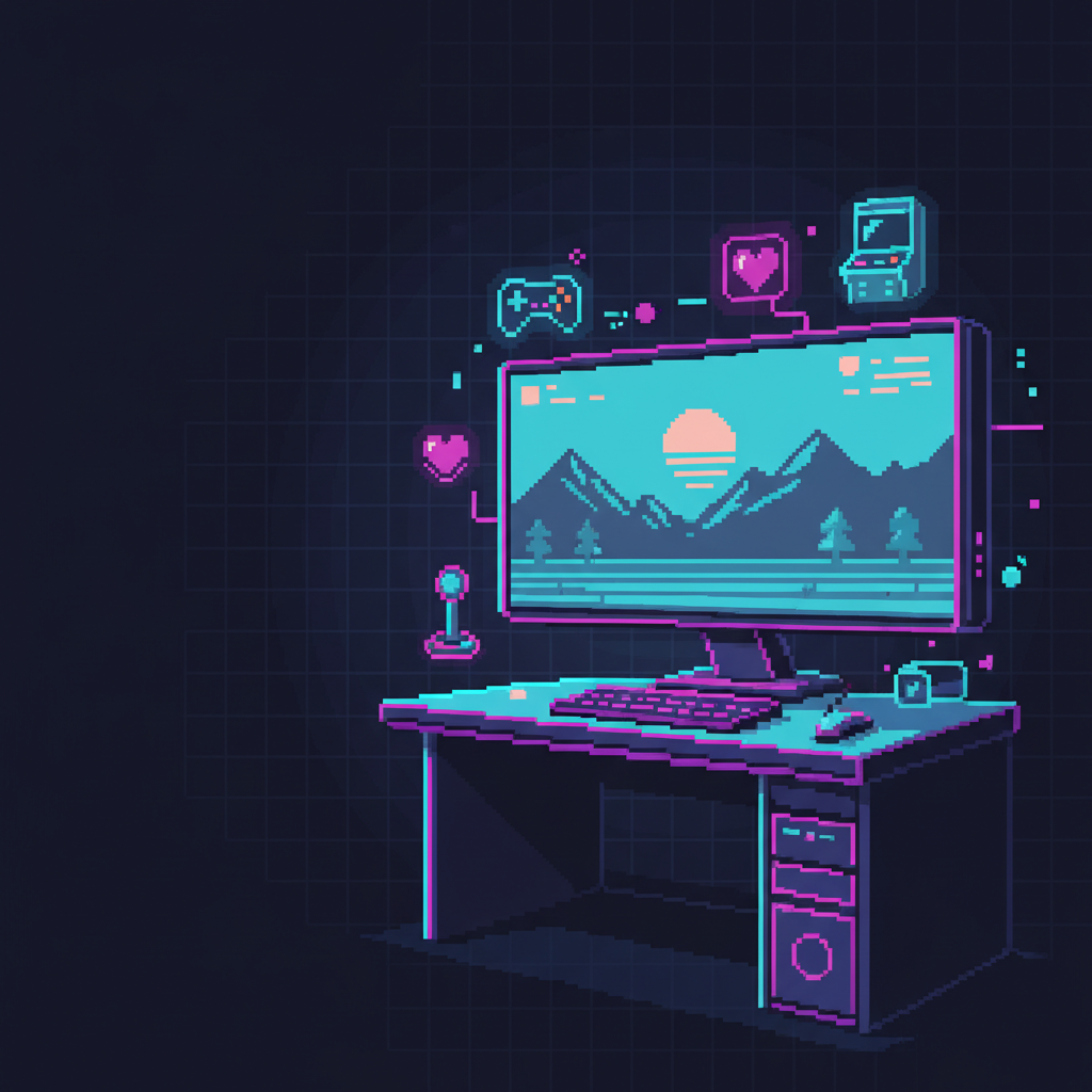 Retro 8-bit gaming PC setup with pixel art monitor, keyboard, and neon accents