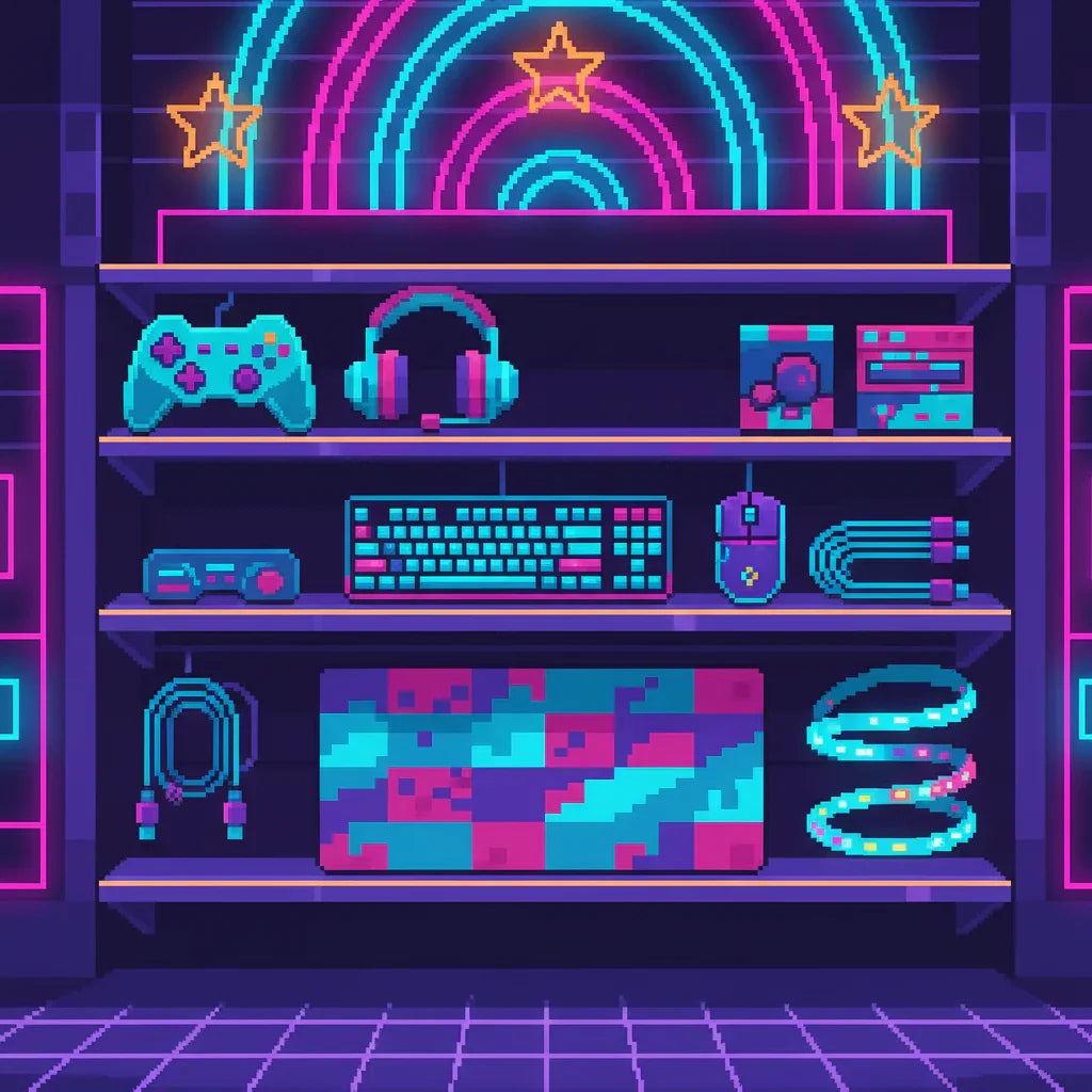 Pixel art shelf with retro gaming gear, RGB keyboard, mouse, headset, and controller in neon colors