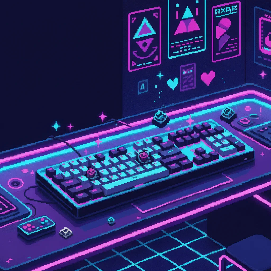 Pixel art gaming setup with RGB keyboard, neon desk, and retro 8-bit style decor