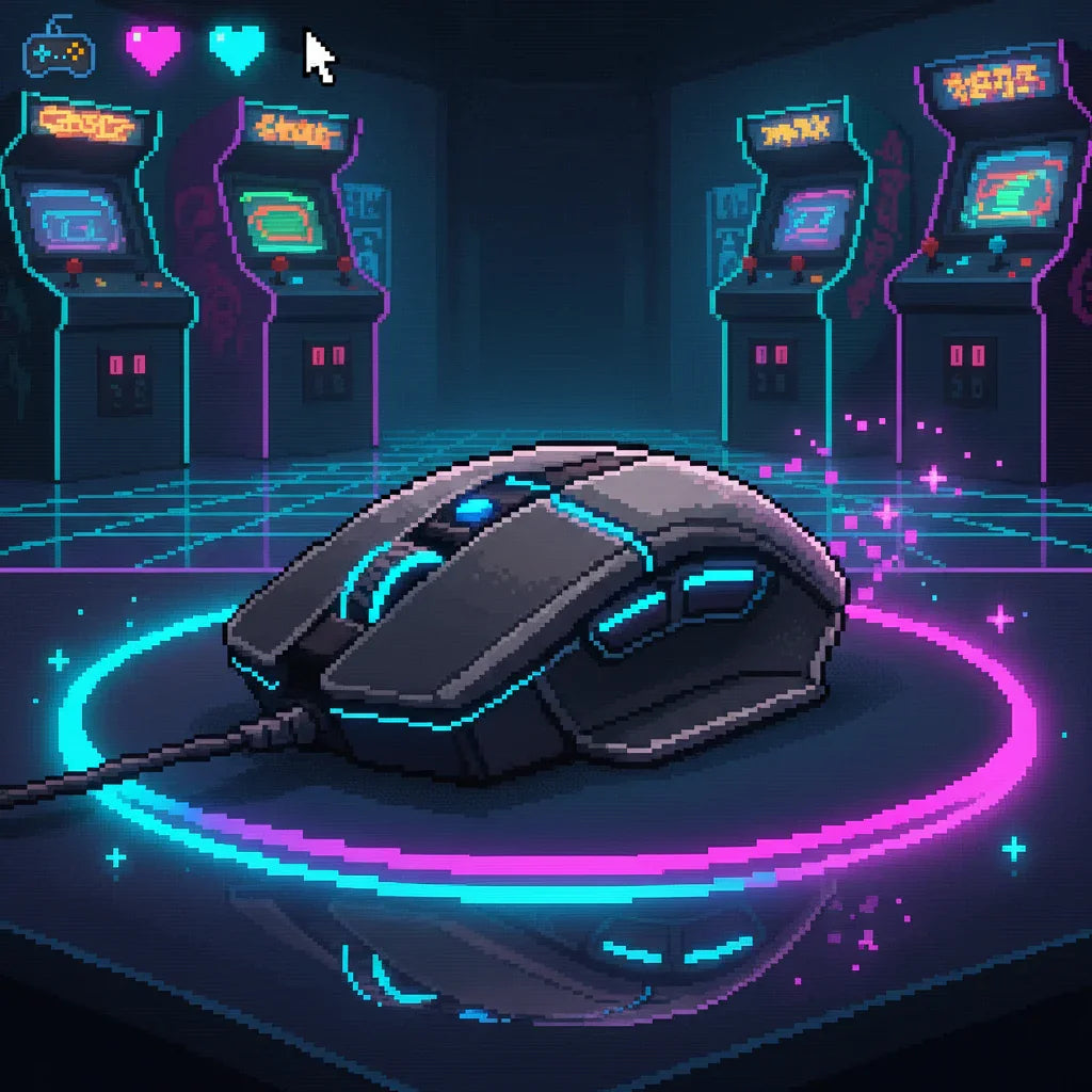 Pixel art gaming mouse with neon RGB lighting in a retro arcade setting, Byte Style theme
