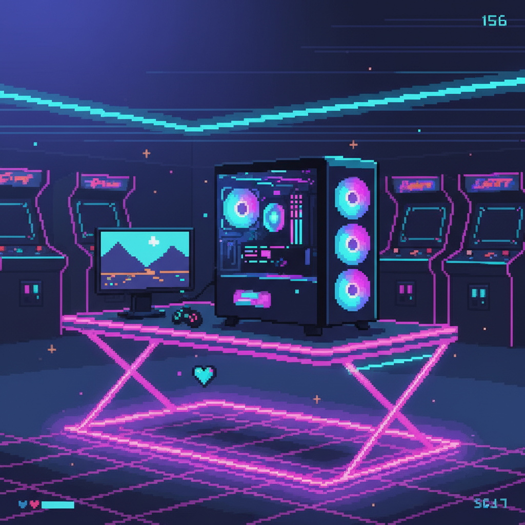 Pixel art RGB gaming PC setup on neon desk with arcade machines, retro 8-bit gaming style
