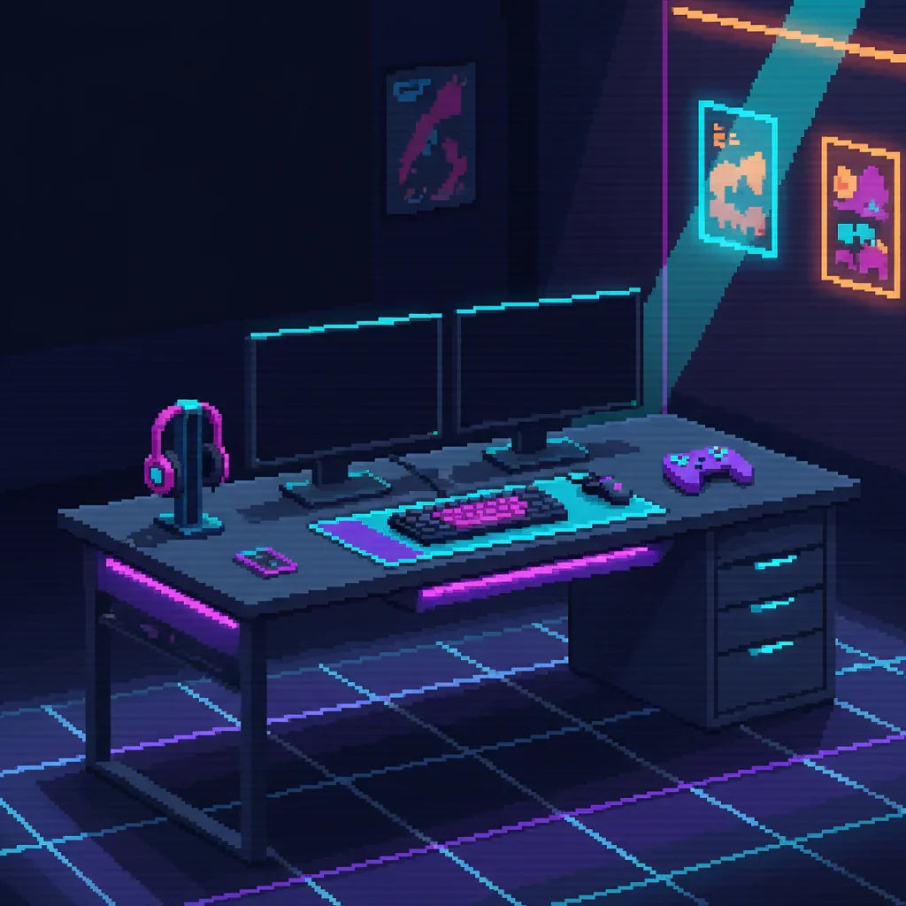 Pixel art retro gaming setup with RGB desk, dual monitors, keyboard, headset, and wall art