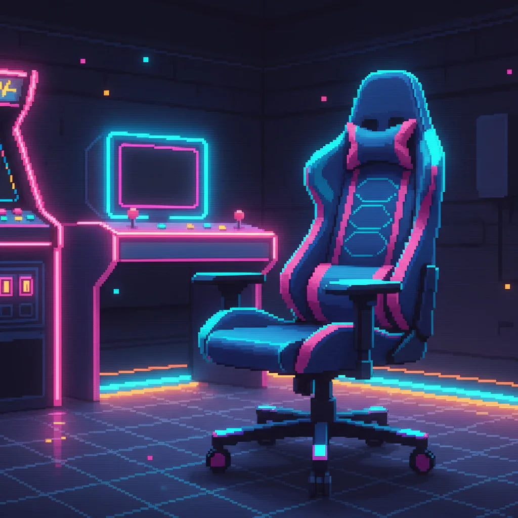 Pixel art gaming chair, retro arcade machine, and RGB-lit desk in 8-bit gaming setup