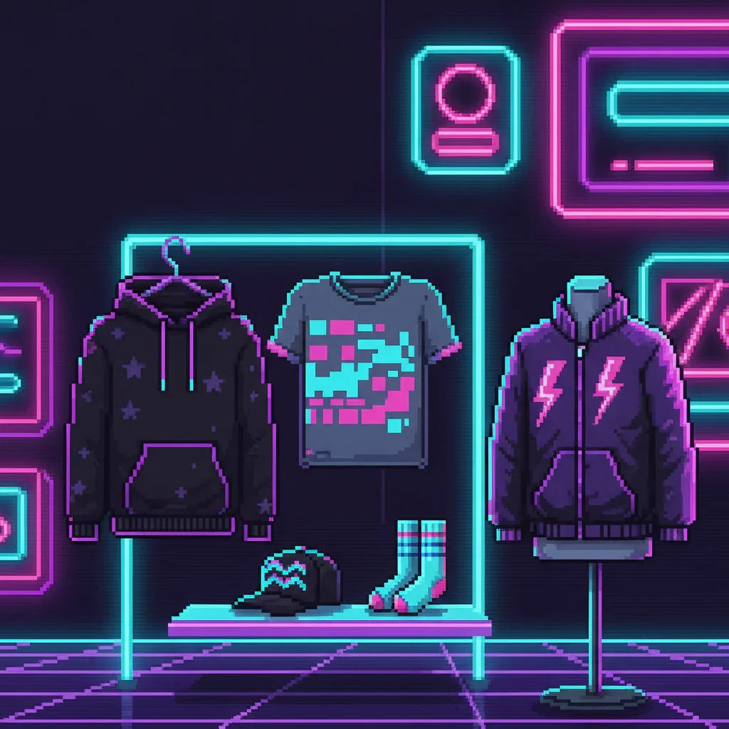 Pixel art display of retro 8-bit gaming apparel in neon, featuring hoodies, T-shirt, cap, and socks.
