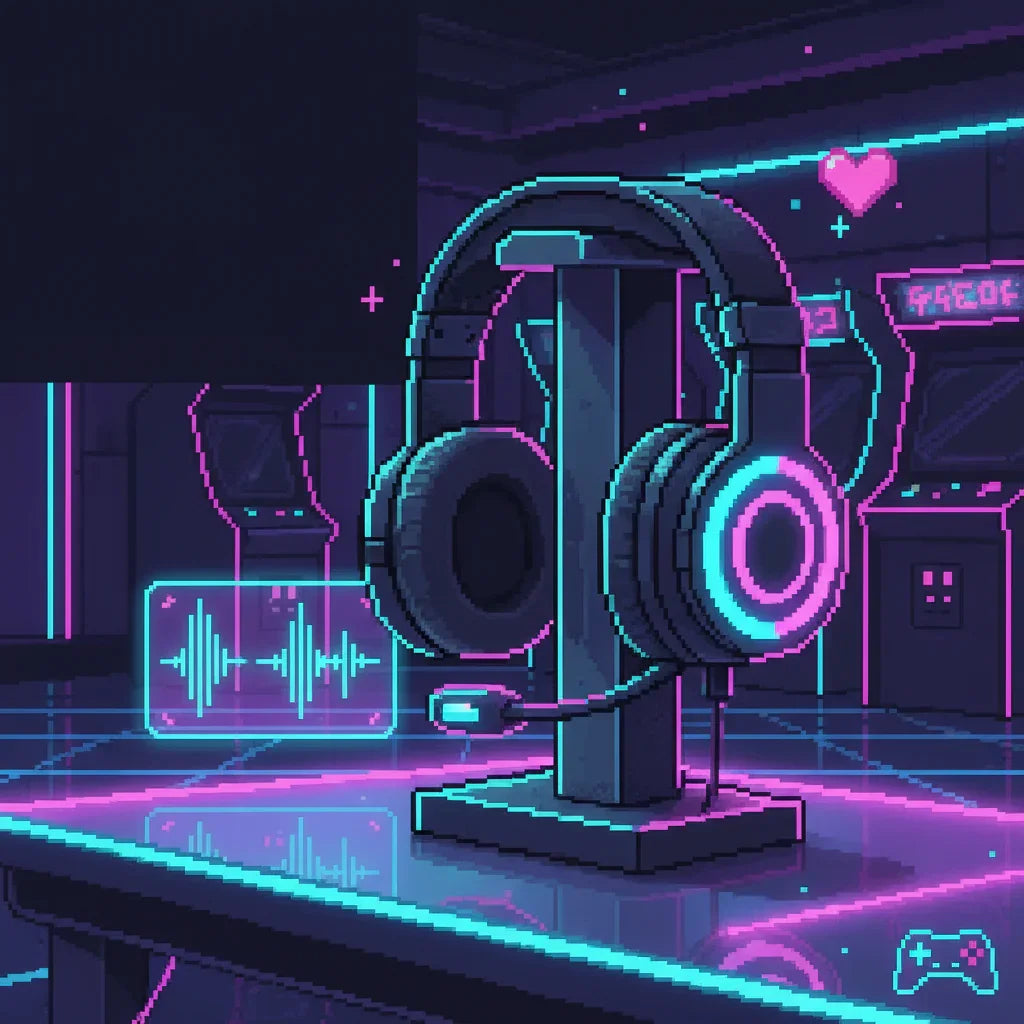 Pixel art RGB gaming headset on stand in neon-lit retro arcade, Byte Style gaming gear