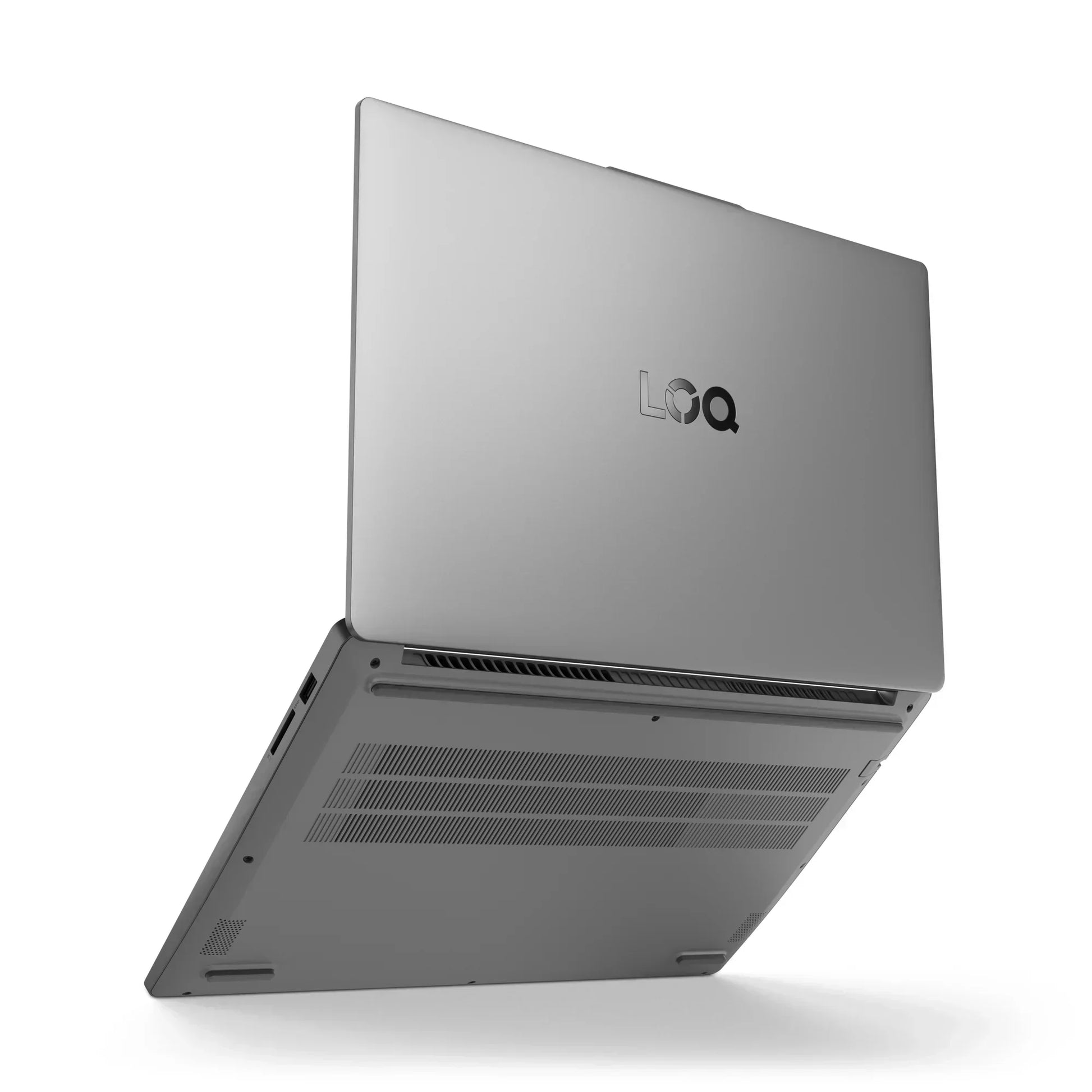 Silver gaming laptop partially open, rear cooling vents and LOQ logo visible