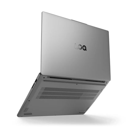 Silver gaming laptop partially open, rear cooling vents and LOQ logo visible