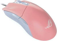 Pink gaming mouse with white textured side grips and scroll wheel on a white background
