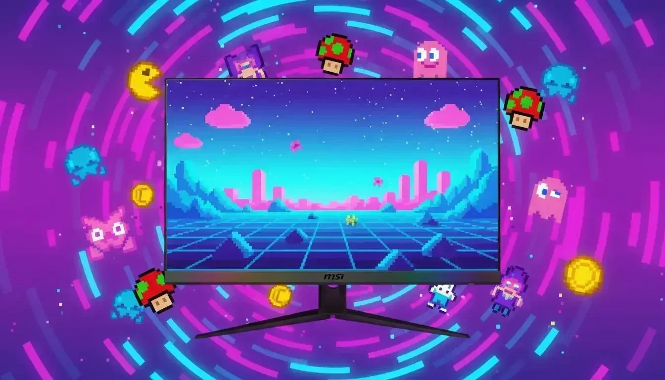 MSI gaming monitor displaying pixel art landscape with retro game characters and coins on colorful background